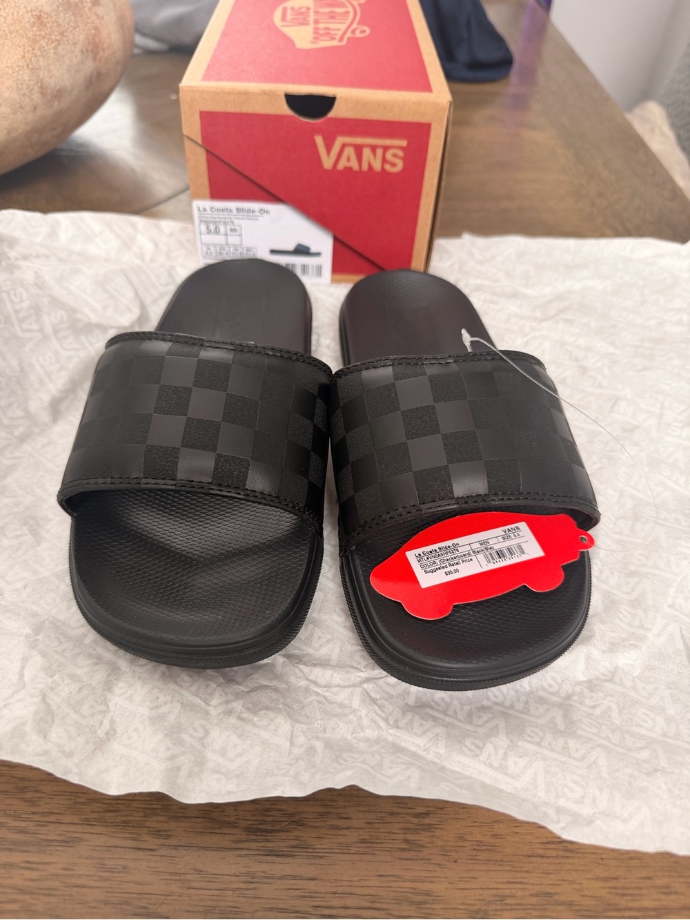 Vans Men’s La Costa Black Checkerboard Slide Sandals Boys size 5 Women 6.5